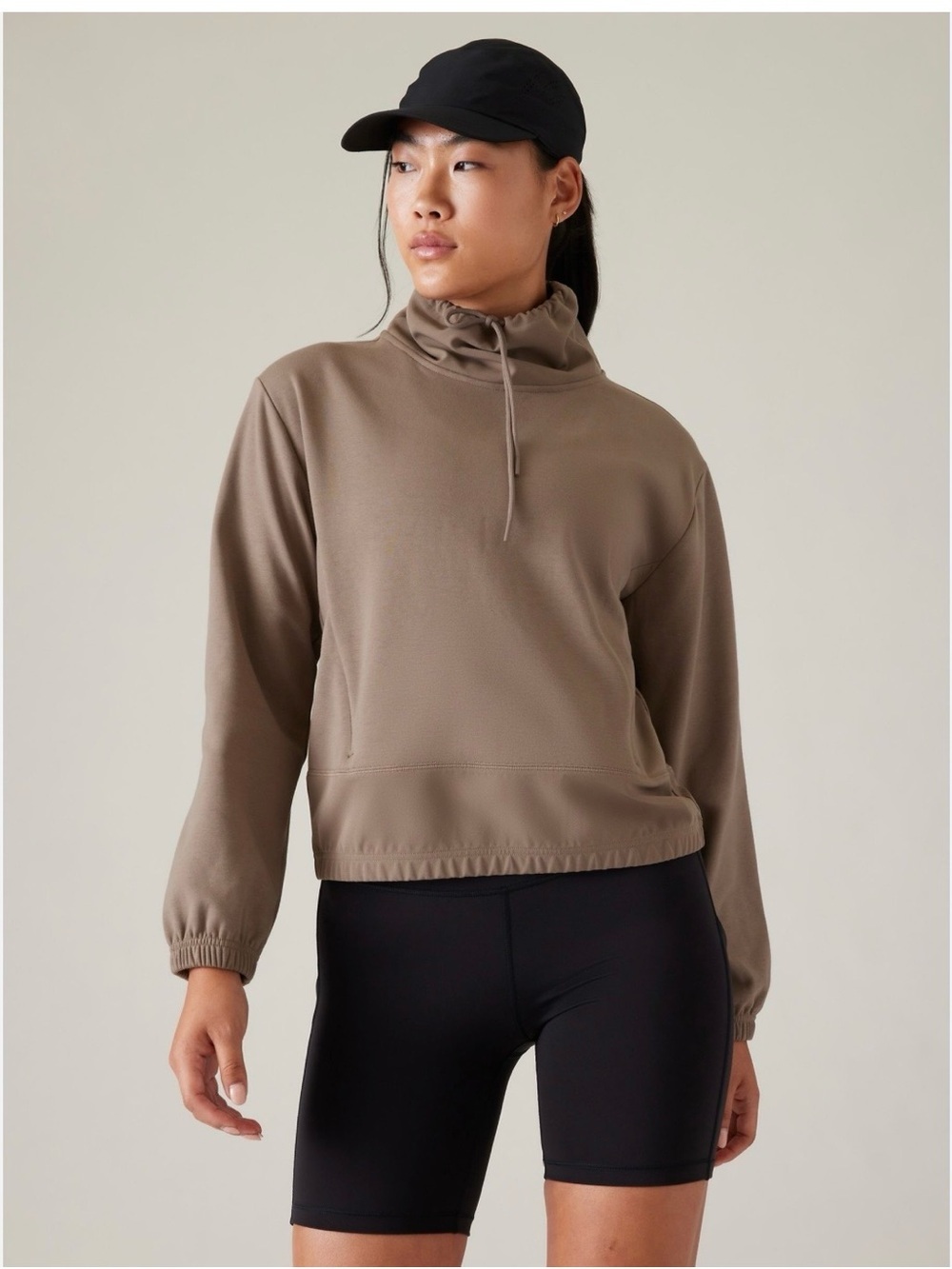 Athleta Triump Hybrid Funnel Neck Sweatshirt Zip Pocket Size Medium Taupe